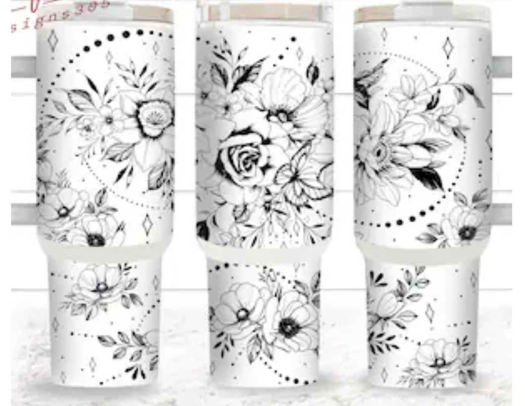 40oz black and white boho floral